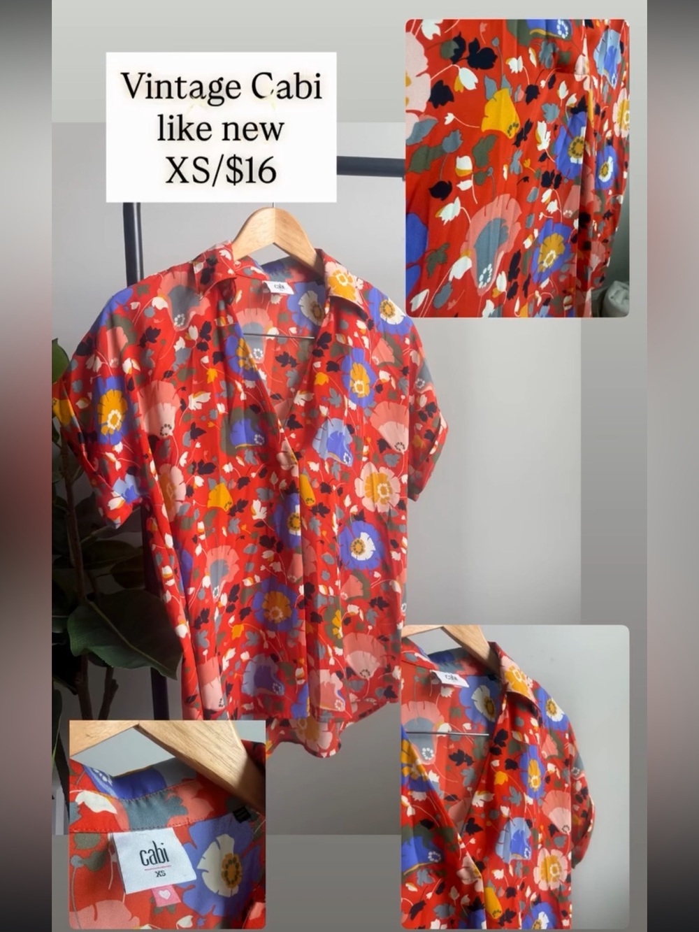CAbi Red Floral Short Sleeve Blouse with Blue, Yellow & Pink Blooms